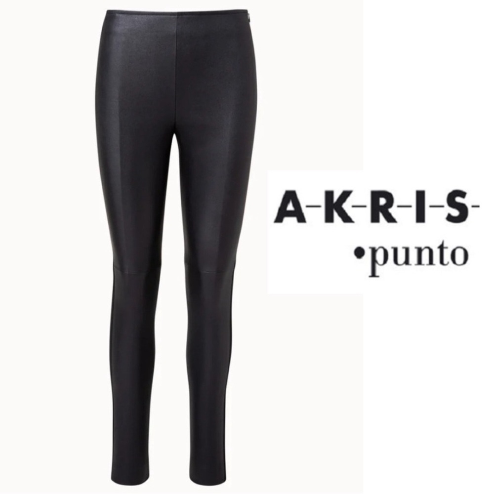 AKRIS Punto Nappa Lamb Fancy Fitted Leather Pants Black Navy 2 stretch Legging
